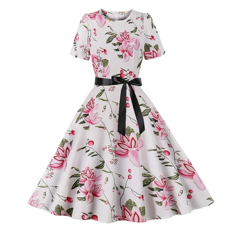 Women Short Sleeve Elegant Floral Printed Summer Dress - WD8011