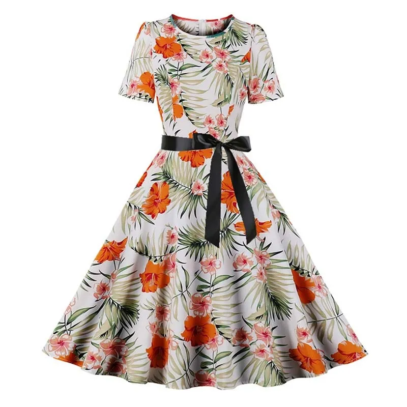 Women Short Sleeve Elegant Floral Printed Summer Dress - WD8011