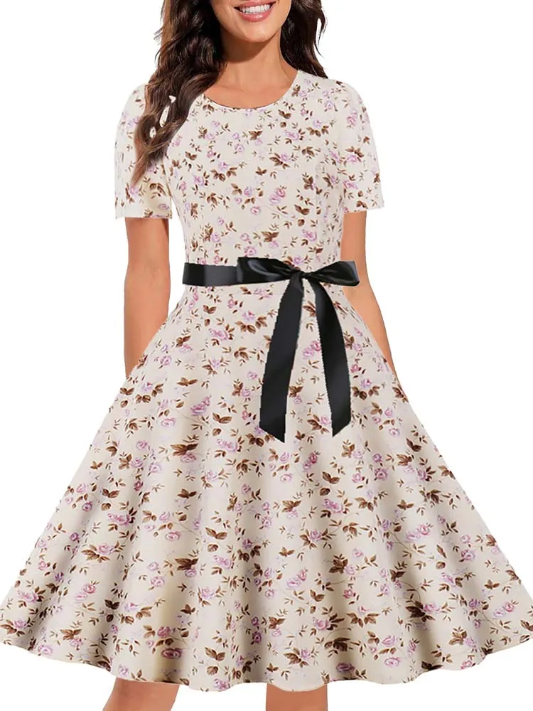 Women Short Sleeve Elegant Floral Printed Summer Dress - WD8011