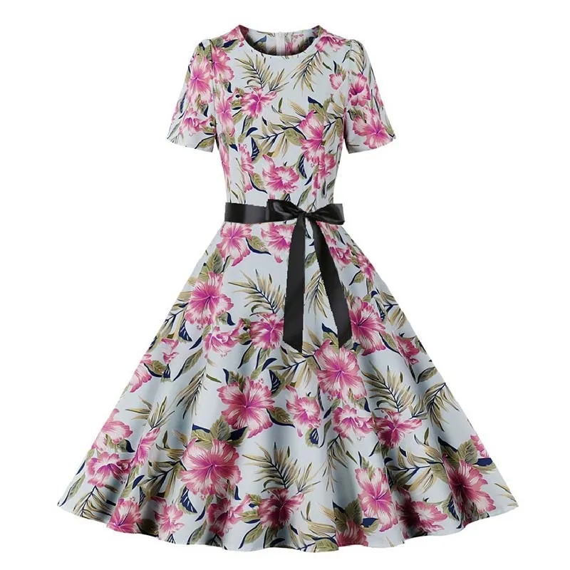 Women Short Sleeve Elegant Floral Printed Summer Dress - WD8011