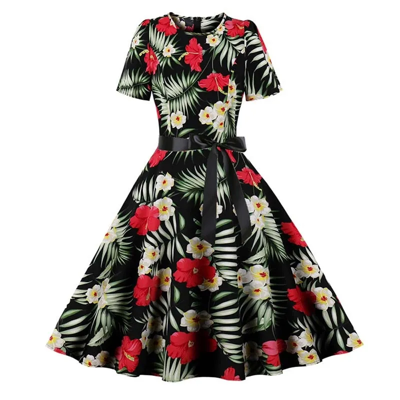 Women Short Sleeve Elegant Floral Printed Summer Dress - WD8011