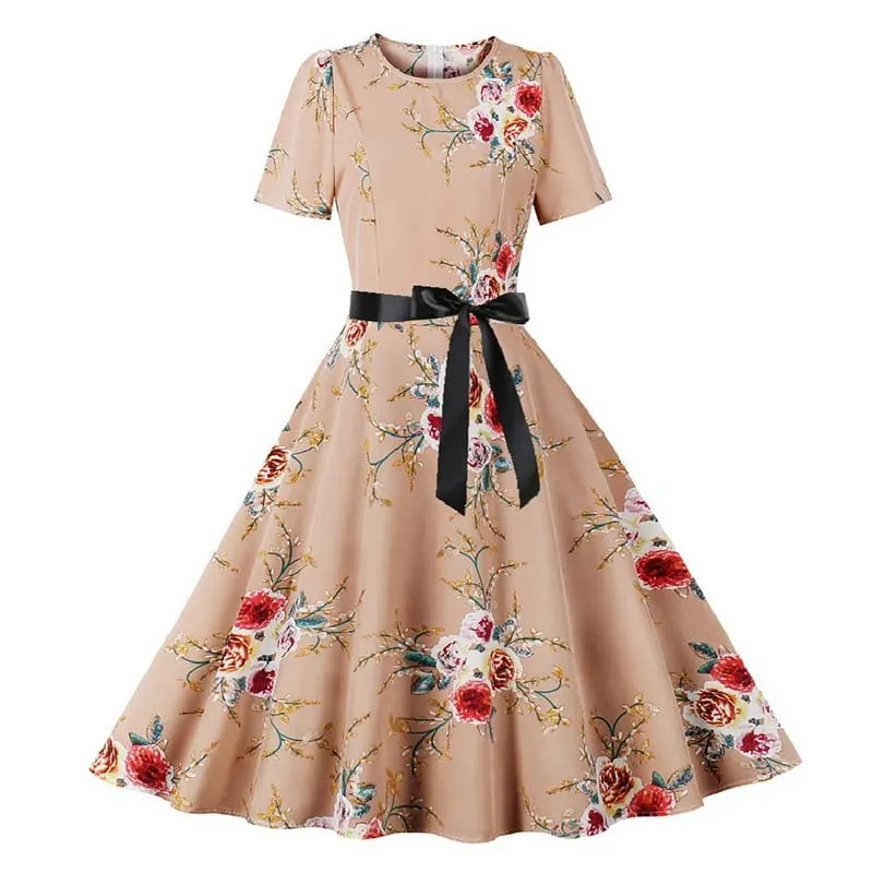 Women Short Sleeve Elegant Floral Printed Summer Dress - WD8011