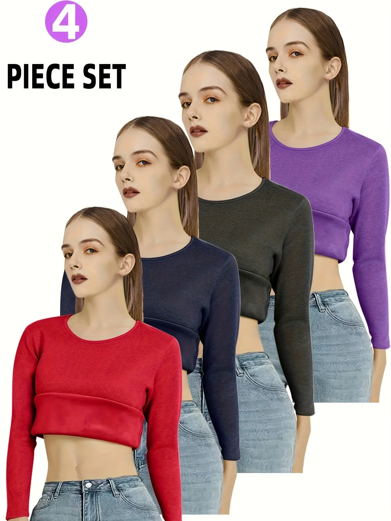 Women's 4pcs Fleece-Lined Thermal Underwear Set - Solid Color, Long Sleeve Crew Neck Tops for Cozy Winter Warmth