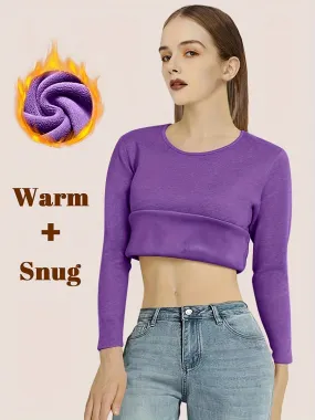 Women's 4pcs Fleece-Lined Thermal Underwear Set - Solid Color, Long Sleeve Crew Neck Tops for Cozy Winter Warmth