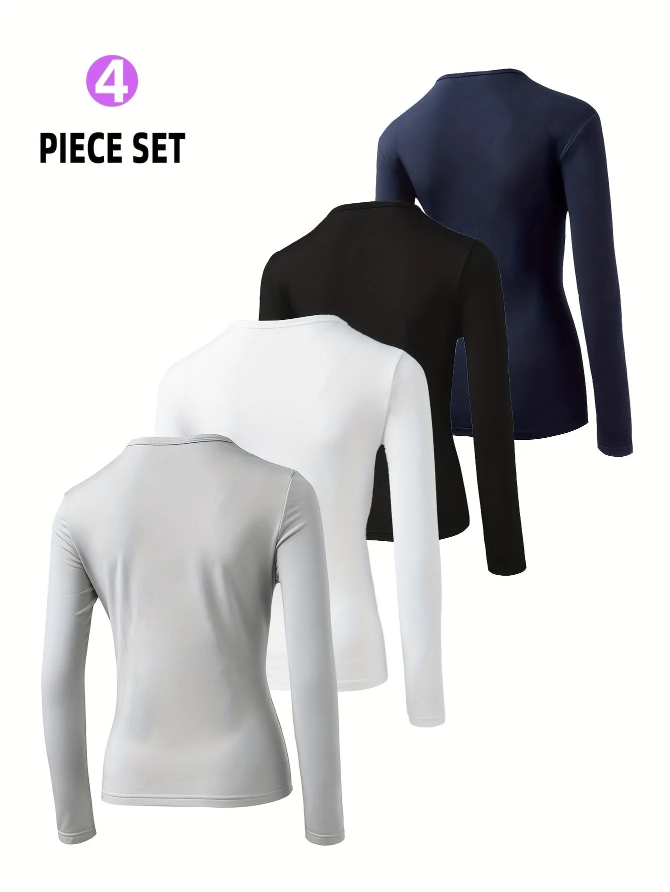 Women's 4pcs Fleece-Lined Thermal Underwear Set - Solid Color, Long Sleeve Crew Neck Tops for Cozy Winter Warmth