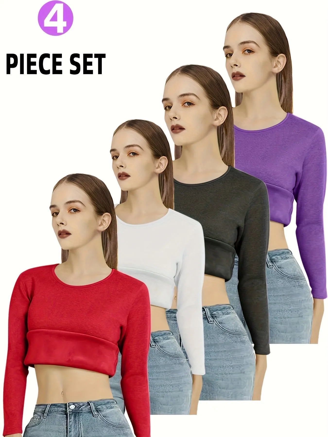 Women's 4pcs Fleece-Lined Thermal Underwear Set - Solid Color, Long Sleeve Crew Neck Tops for Cozy Winter Warmth