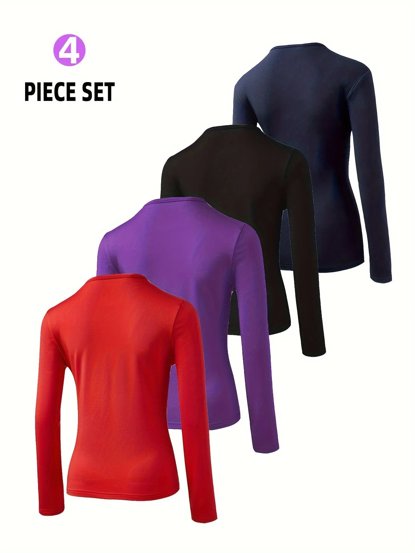 Women's 4pcs Fleece-Lined Thermal Underwear Set - Solid Color, Long Sleeve Crew Neck Tops for Cozy Winter Warmth