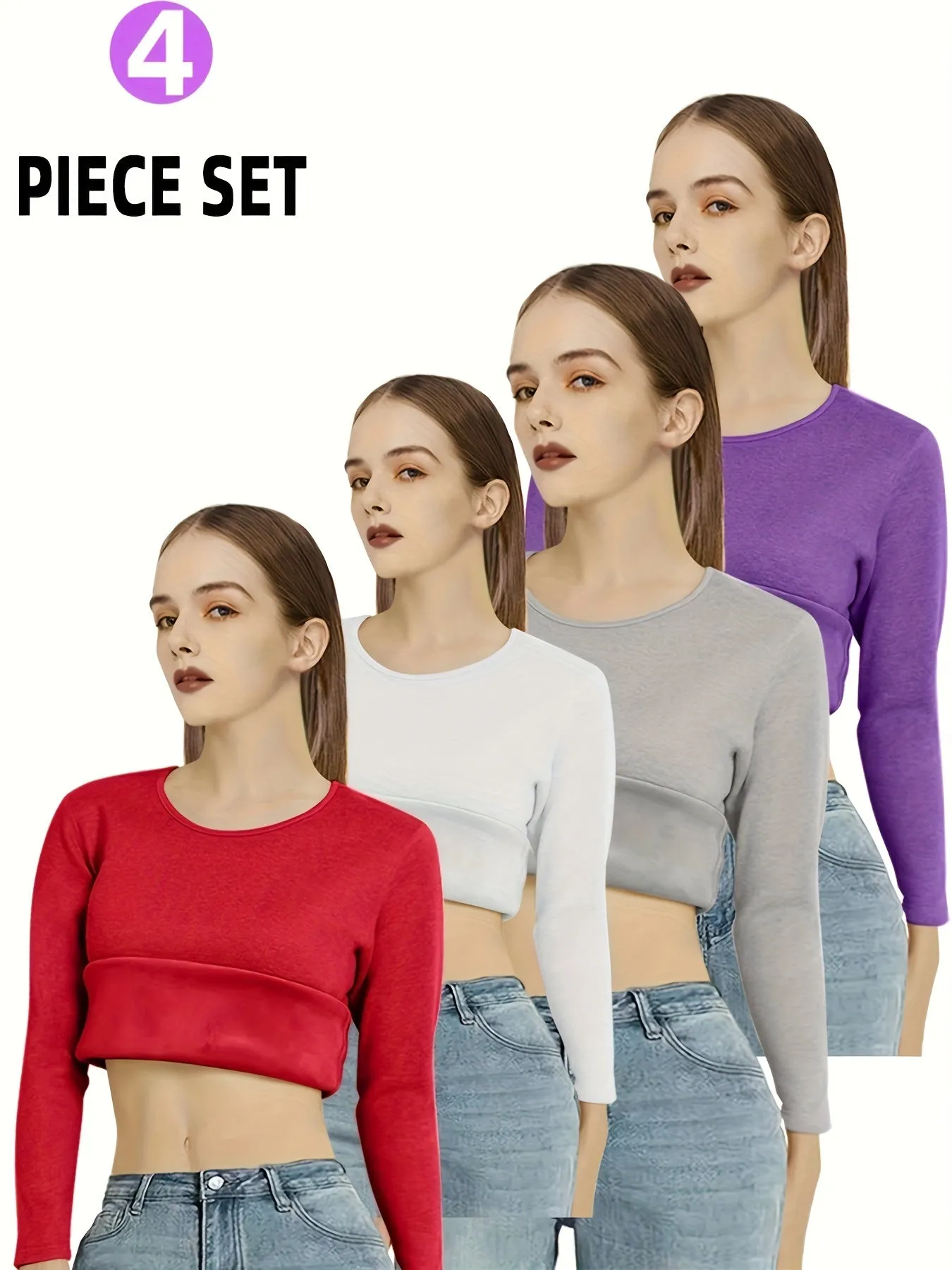 Women's 4pcs Fleece-Lined Thermal Underwear Set - Solid Color, Long Sleeve Crew Neck Tops for Cozy Winter Warmth